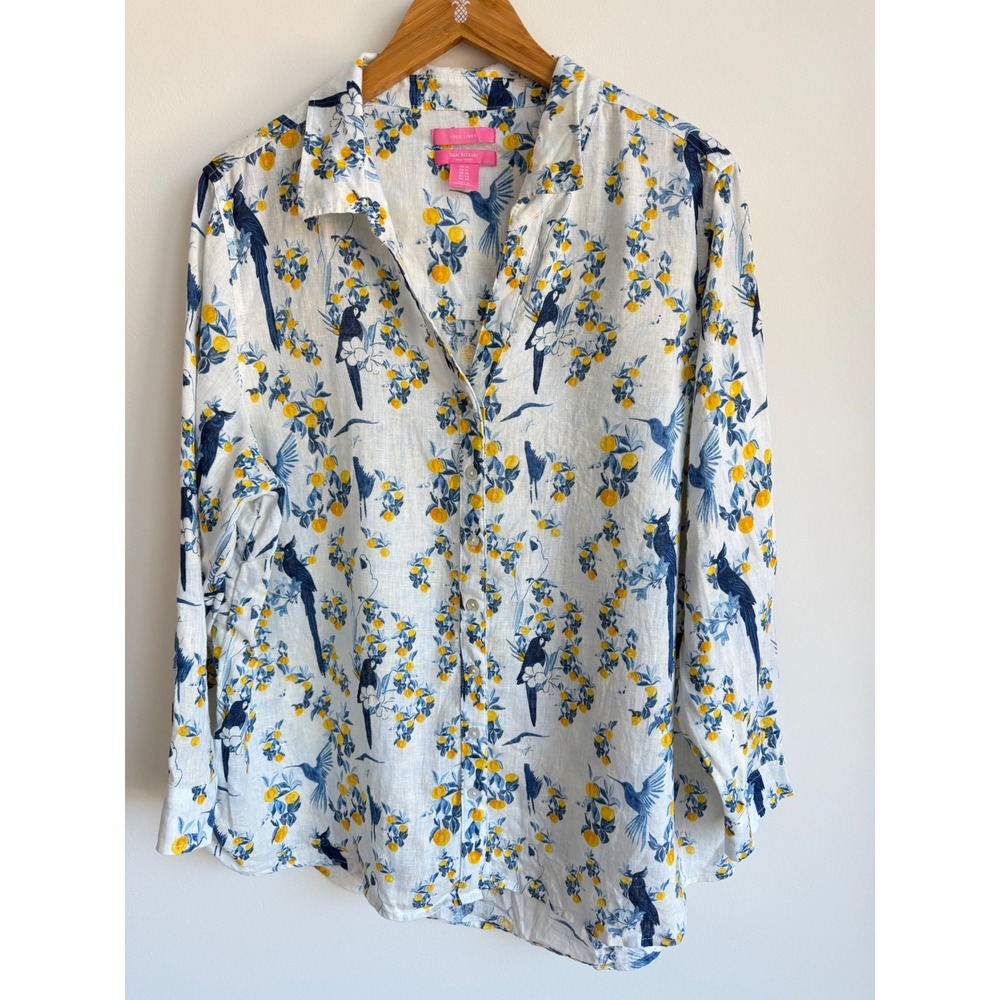 Isaac Mizrahi Button Up Top White Blue Linen Bird Citrus Tropical Coastal 1X